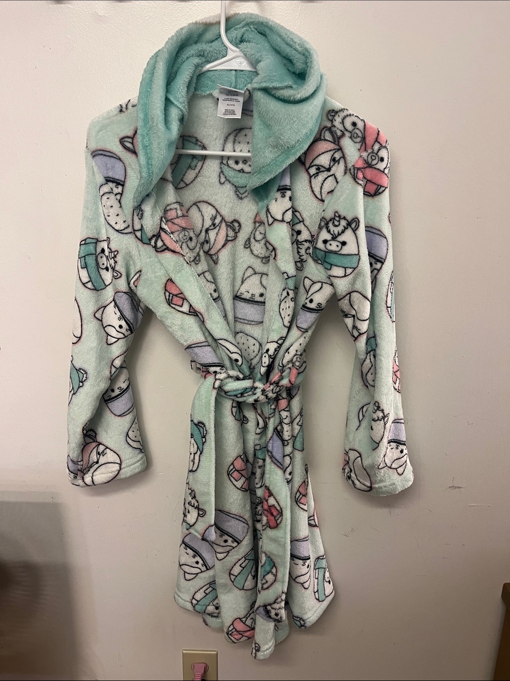 Squishmallows Kids Plush Hooded Robe in Mint Green with Pink & Lavender Accents